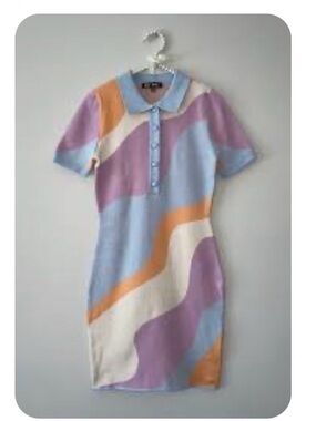 Blue Blush Pastel Wave Polo Knit Dress - Light Blue, Lavender, Cream, Orange